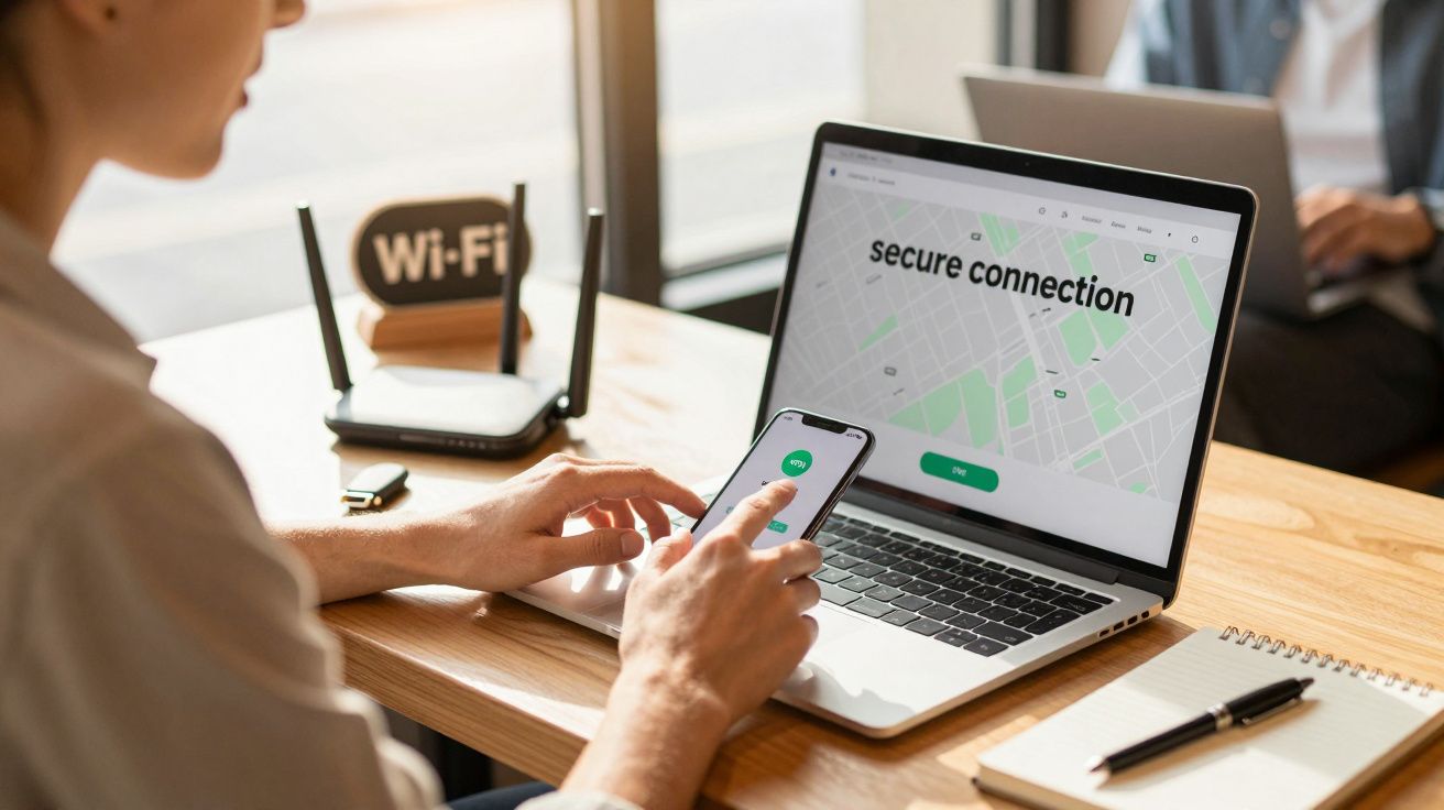 Person nutzt Laptop und Smartphone, auf dem Bildschirm steht "secure connection", neben einem Wi-Fi-Router, Café-Hintergrund.