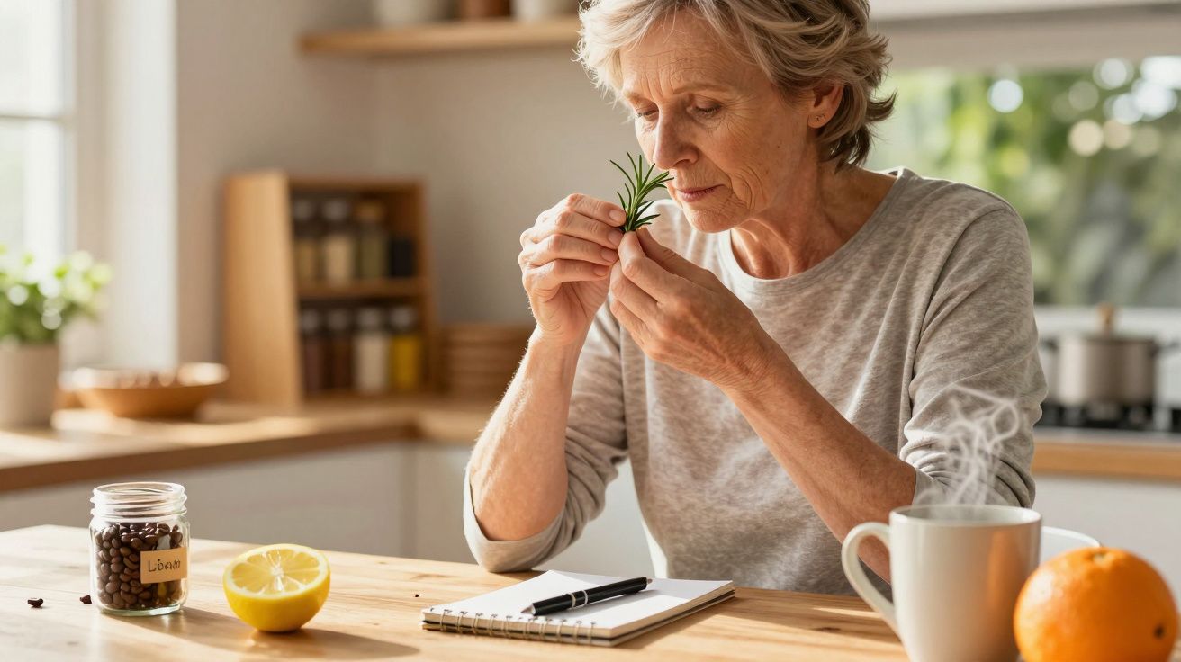 Ältere Frau in heller Küche riecht an Rosmarin, vor einem Notizbuch. Tisch mit Kaffee, Zitrone, Orange und Gewürzen.