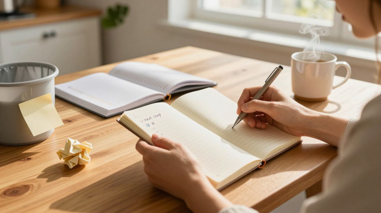 Person schreibt in ein Notizbuch auf einem Tisch, mit dampfender Tasse Kaffee und offenem Heft im Hintergrund.