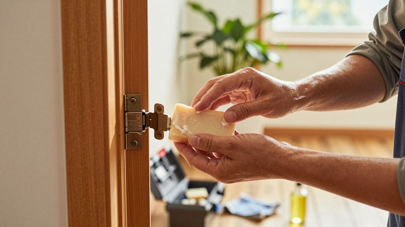 Person schmiert ein Türscharnier mit Seife, im Hintergrund Werkzeugkasten und Pflanze vor einem Fenster.