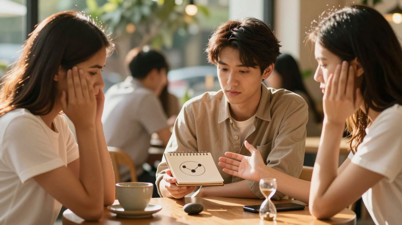 Drei Personen in einem Café, eine zeigt den anderen ein Notizbuch mit einer Zeichnung.