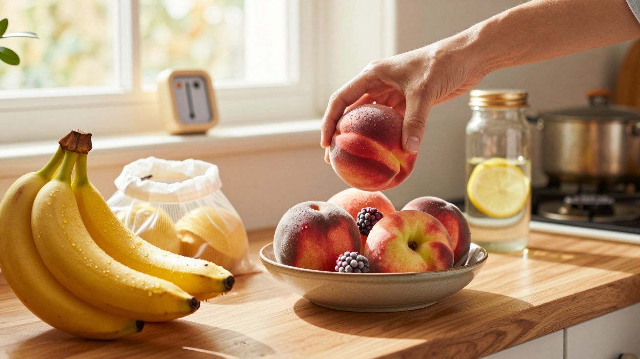 Hand nimmt Pfirsich aus Schüssel, umgeben von Bananen, Zitronen und einem Glas Wasser, auf einer Küchenarbeitsplatte.