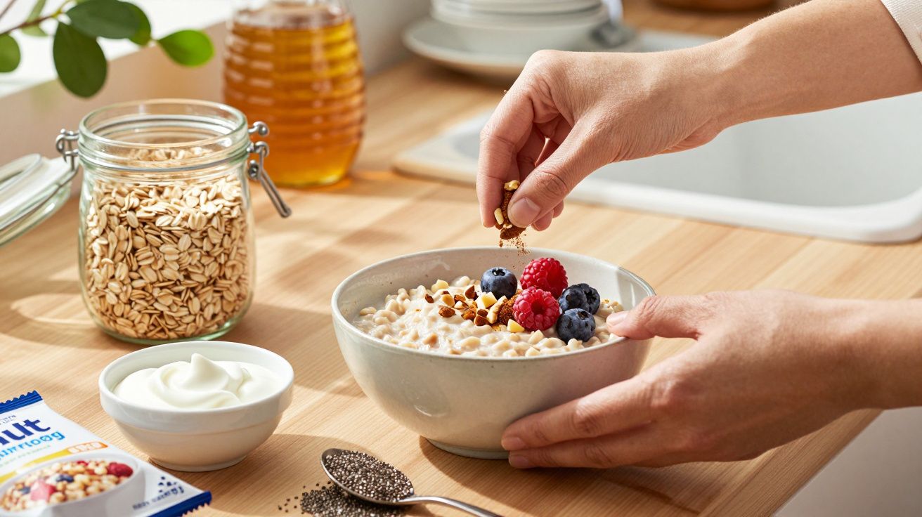 Person dekoriert Müsli mit Nüssen, Beeren, auf Küchentisch mit Haferflocken, Honig, Chiasamen und Joghurt.