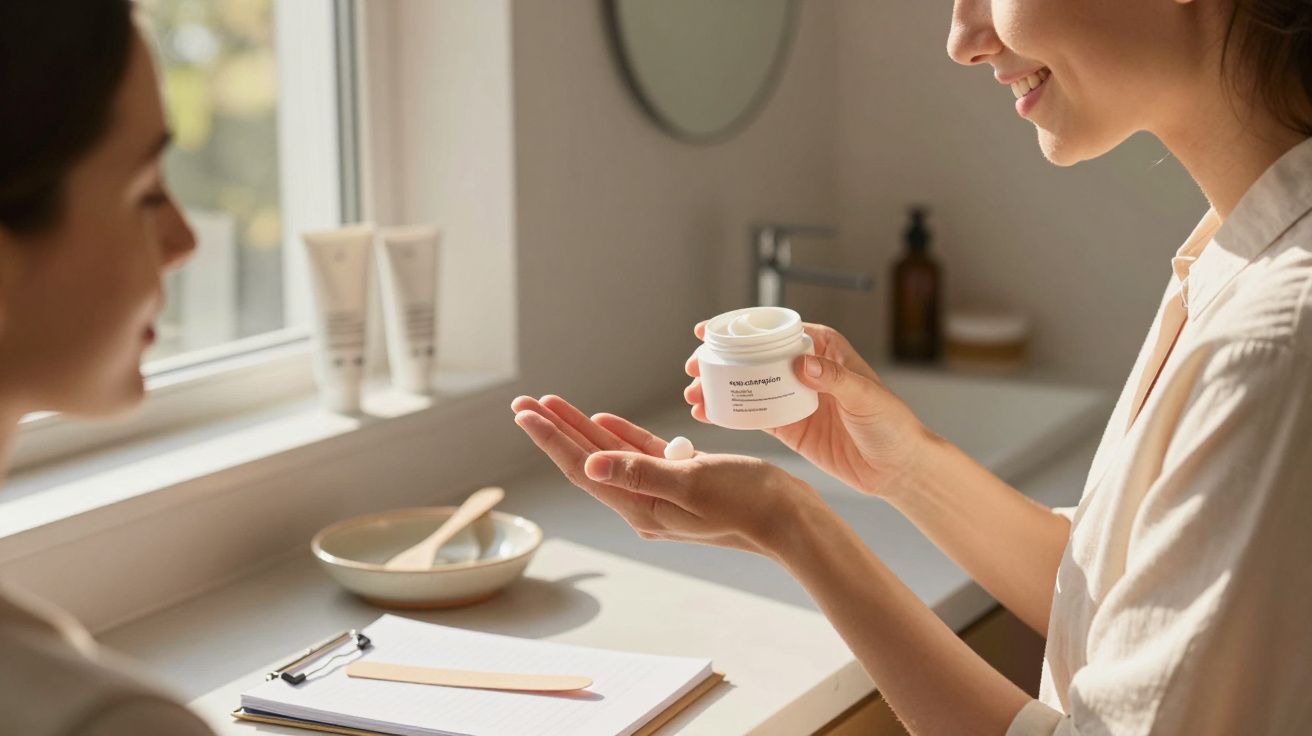 Zwei Frauen in einem hellen Raum, eine trägt Gesichtcreme auf die Hand auf, im Hintergrund stehen Beautyprodukte.