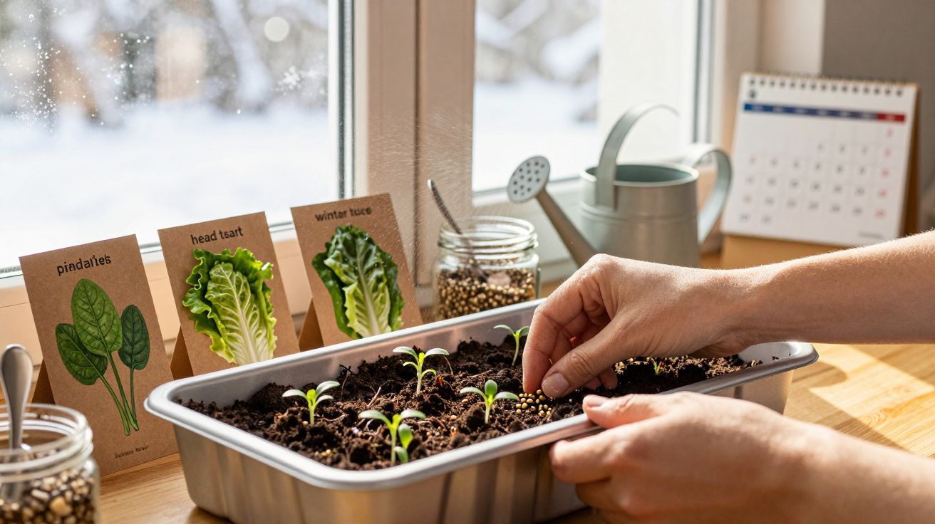 Hände pflanzen Samen in einem Topf. Im Hintergrund Pflanzensamen, ein Kalender und eine Gießkanne auf dem Tisch.