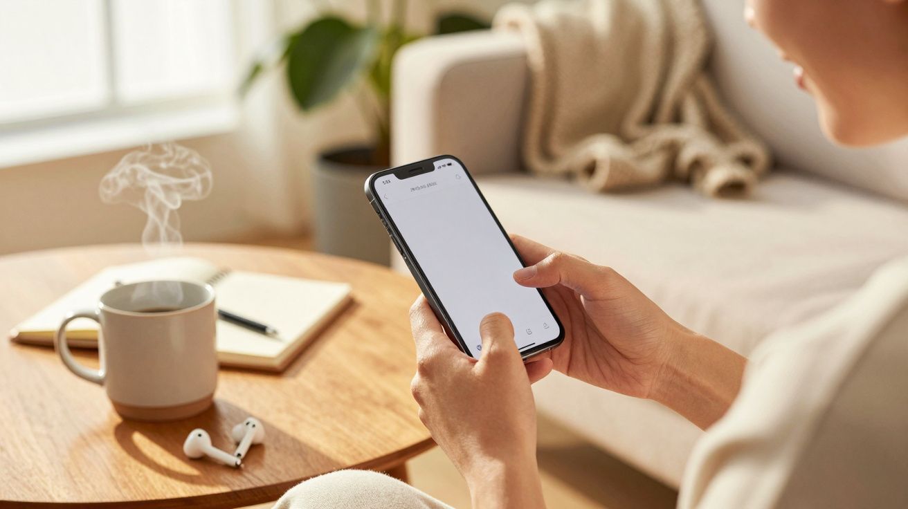 Person hält Smartphone im Wohnzimmer, mit Kaffee, Notizbuch und Kopfhörern auf dem Tisch.