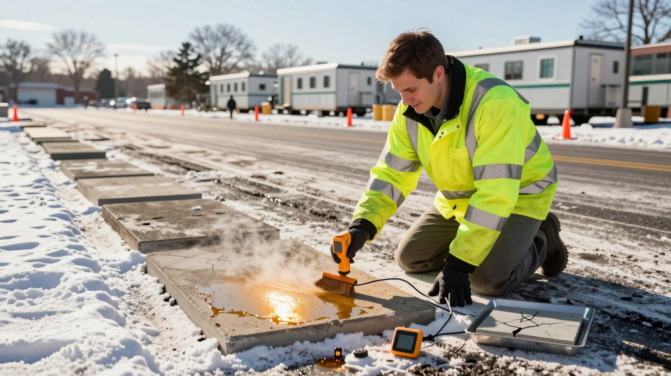 Arbeiter in gelber Jacke prüft in verschneiter Umgebung Asphalt mit Temperaturmessgerät und erhitztem Werkzeug.