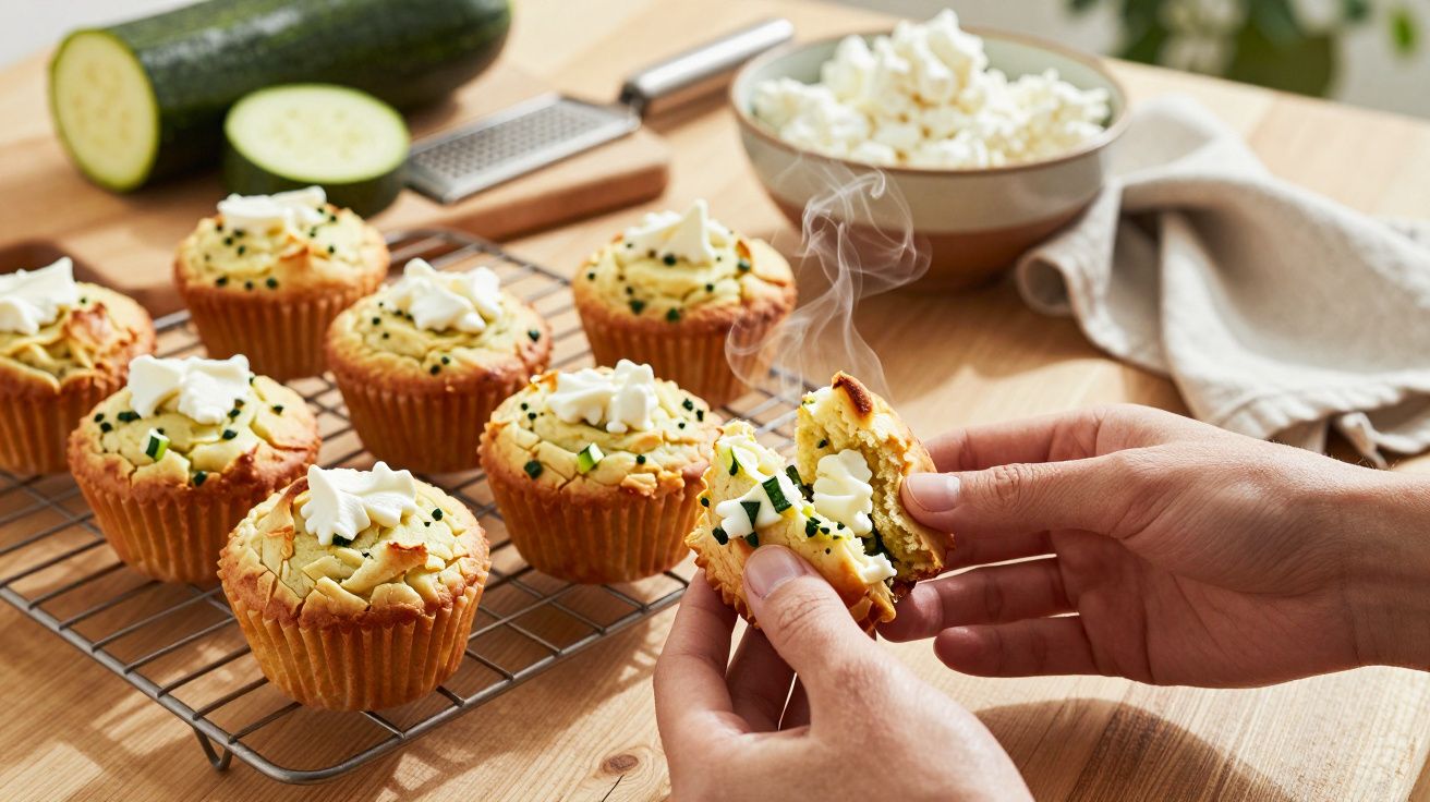 Frische Zucchini-Muffins mit Topping aus Sahne, auf einem Gitterrost, daneben Hände, die einen Muffin brechen.